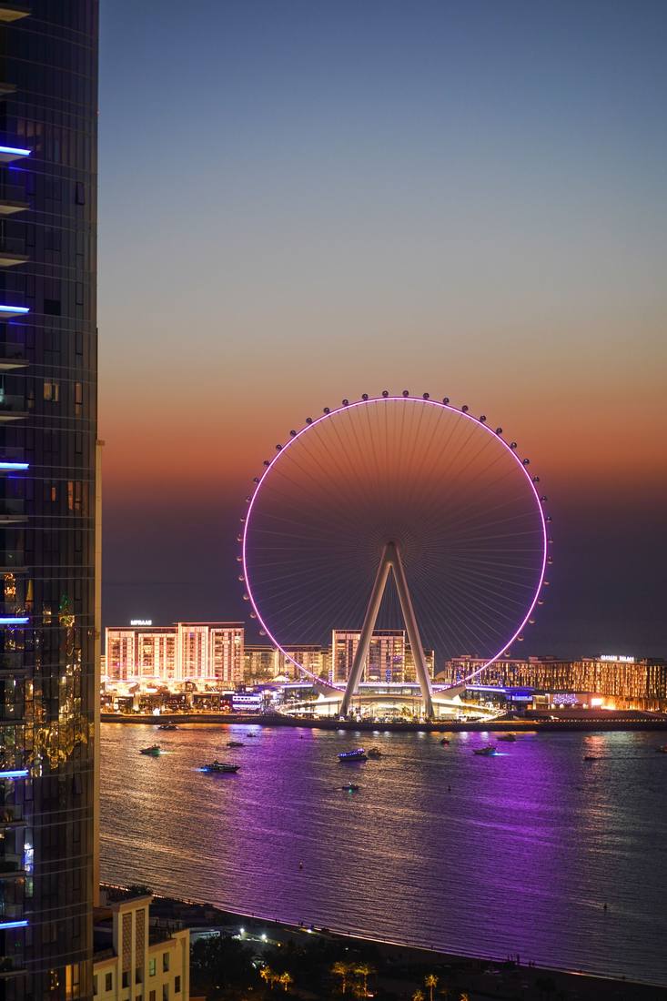 The island's bridge link to the mainland, seen from Ain Dubai at night.